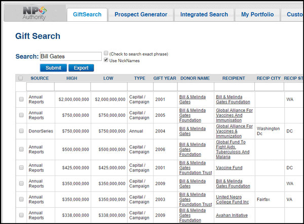 gift search from donorsearch
